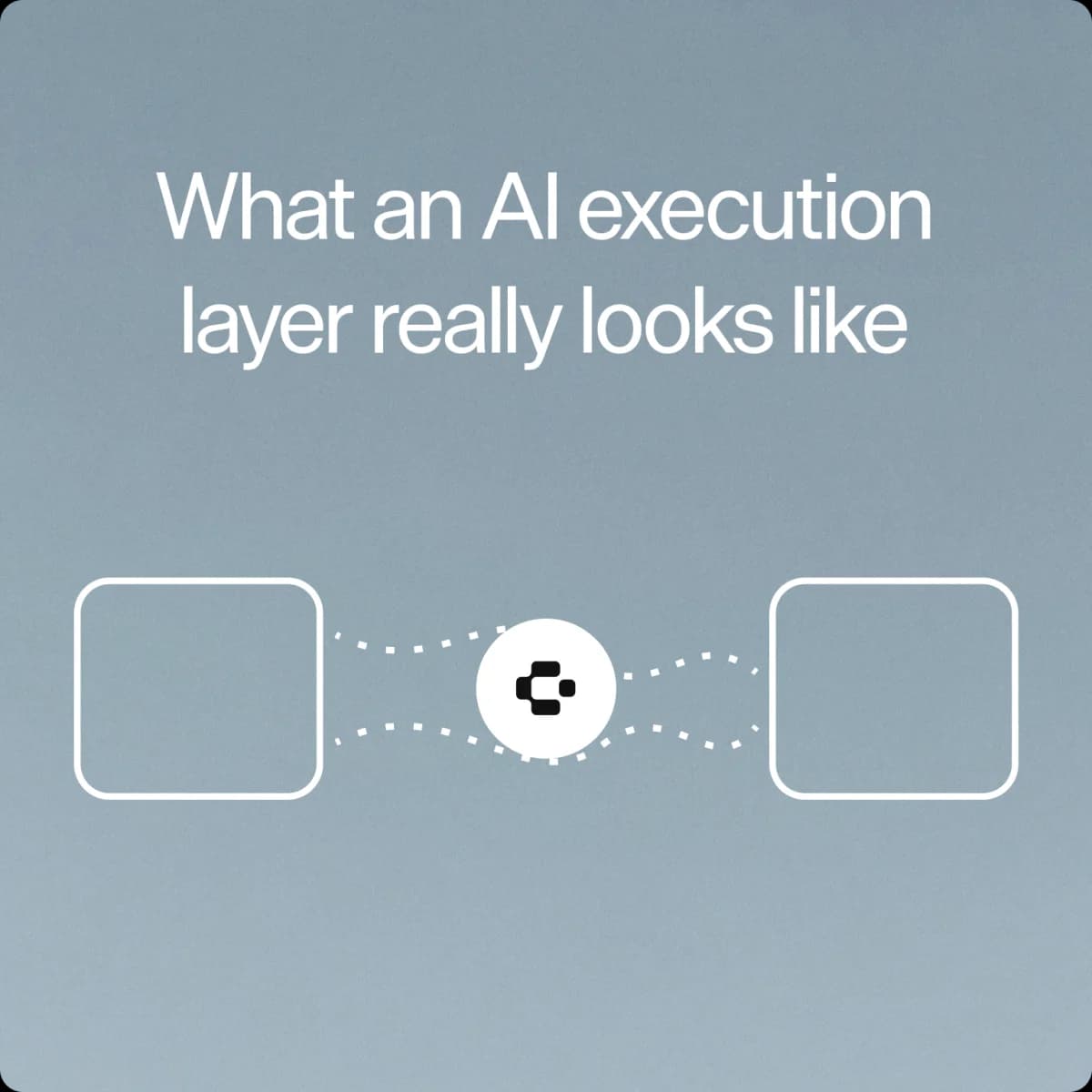 Diagramm mit der Bildunterschrift "What an AI execution layer really looks like": zwei leere abgerundete Quadrate, verbunden durch gepunktete Linien über einen weißen Kreis mit dem GeneralMind-Zeichen, auf schiefergrauem Hintergrund