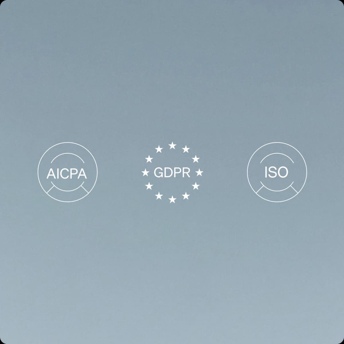 Circled compliance badges for AICPA SOC 2, GDPR and ISO certification