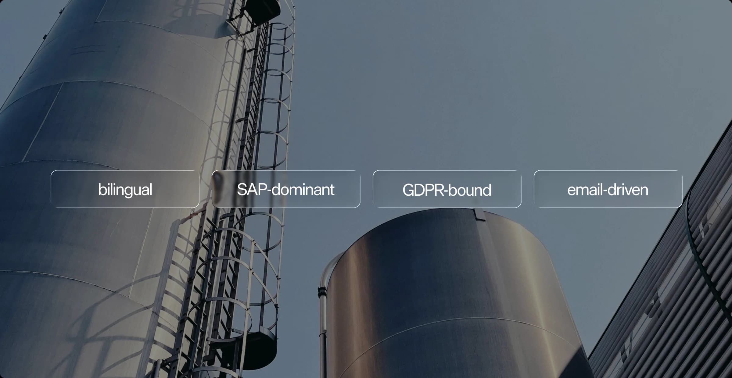 Industrial storage silos with overlaid chips reading bilingual, email-driven, SAP-dominant and GDPR-bound