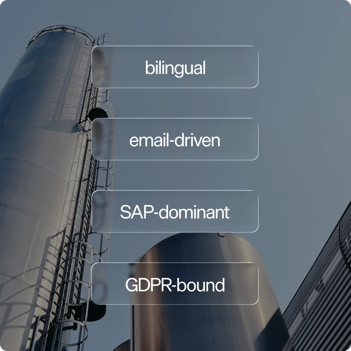 Industrial storage silos with overlaid chips reading bilingual, email-driven, SAP-dominant and GDPR-bound
