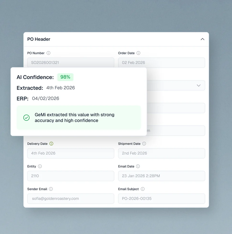 AI fuzzy-matching extracted data to purchase orders and master data in the ERP