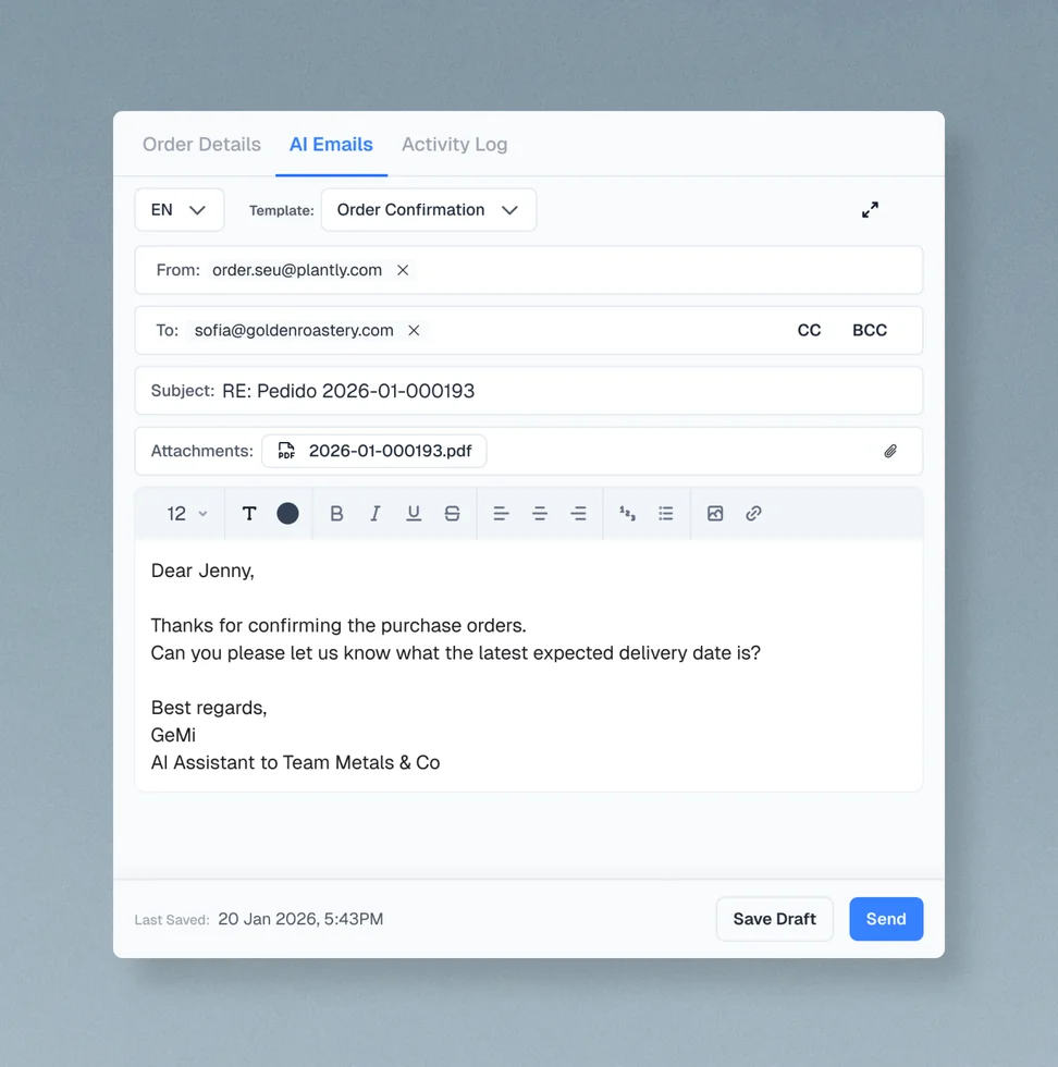 AI autonomously emailing a supplier to request missing order information
